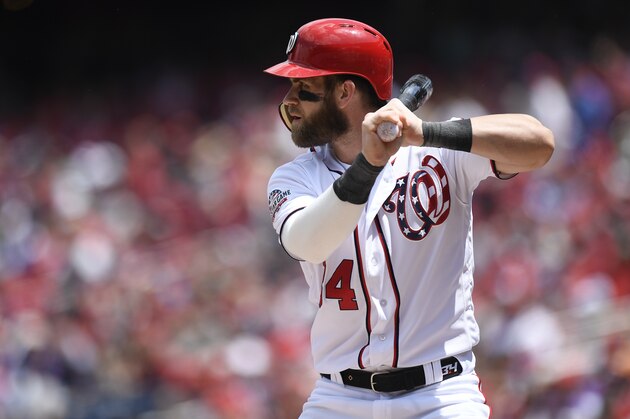 WASHINGTON, DC - MAY 20: Bryce Harper #34 of the Washington Nationals bats in the first inning against the Los Angeles Dodgers at Nationals Park on May 20, 2018 in Washington, DC. (Photo by Patrick McDermott/Getty Images)