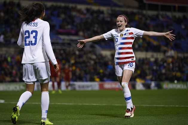ALICANTE, SPAIN - JANUARY 22: Christen Press of The United States celebrates after scoring her sides first goal with her teammate Rose Lavelle during the Women's International Friendly match between Spain and The United States at Estadio Jose Rico Perez on January 22, 2019 in Alicante, Spain. (Photo by Quality Sport Images/Getty Images)