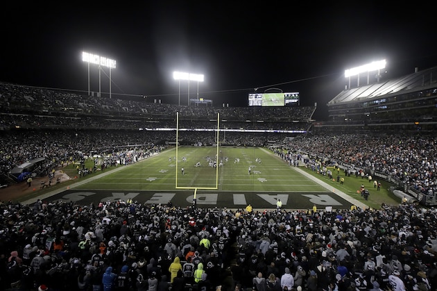 CORRECTS MEETING AGENDA AND REMOVES REFERENCE TO RAIDERS PERSONNEL BEING PRESENT AT UPCOMING MEETING - FILE - In this Monday, Dec. 24, 2018, file photo, fans watch from a general view at Oakland Alameda County Coliseum during the second half of an NFL football game between the Oakland Raiders and the Denver Broncos in Oakland, Calif. The Coliseum Authority will meet Friday, Jan. 18, 2019, to get an update on the possibility of whether the Raiders could stay in Oakland another year. No Raiders officials will be present. (AP Photo/Jeff Chiu, File)