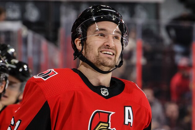 OTTAWA, ON - FEBRUARY 9:  Mark Stone #61 of the Ottawa Senators reacts as he celebrates his first period goal against the Winnipeg Jets at Canadian Tire Centre on February 9, 2019 in Ottawa, Ontario, Canada.  (Photo by Jana Chytilova/Freestyle Photography/Getty Images)