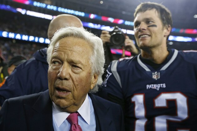 New England Patriots quarterback Tom Brady and owner Robert Kraft after the AFC Championship NFL football game against the Jacksonville Jaguars at Gillette Stadium in Foxborough, Mass. Sunday, Jan. 21, 2018. (AP Photo/Winslow Townson)