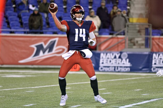 Memphis Express quarterback Christian Hackenberg (14) passes the ball in the second half of an AAF football game against the Arizona Hotshots Saturday, Feb. 16, 2019, in Memphis, Tenn. (AP Photo/Brandon Dill)
