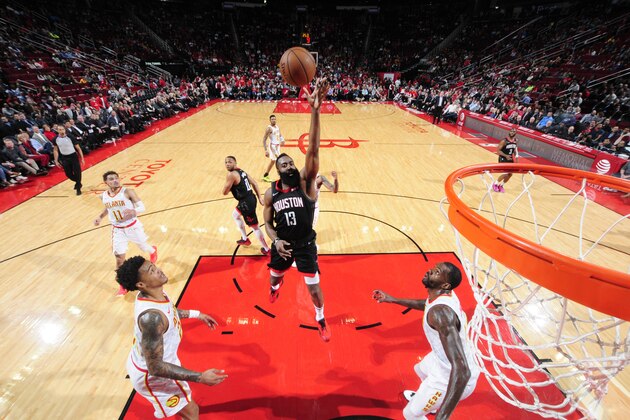 HOUSTON, TX - FEBRUARY 25: James Harden #13 of the Houston Rockets shoots the ball against the Atlanta Hawks on February 25, 2019 at the Toyota Center in Houston, Texas. NOTE TO USER: User expressly acknowledges and agrees that, by downloading and or using this photograph, User is consenting to the terms and conditions of the Getty Images License Agreement. Mandatory Copyright Notice: Copyright 2019 NBAE (Photo by Bill Baptist/NBAE via Getty Images)