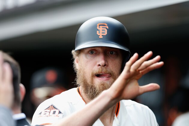 SAN FRANCISCO, CA - SEPTEMBER 29: Hunter Pence #8 of the San Francisco Giants celebrates after scoring a run on a sacrifice fly by teammate Joe Panik #12 in the bottom of the fifth inning against the Los Angeles Dodgers at AT&T Park on September 29, 2018 in San Francisco, California. (Photo by Lachlan Cunningham/Getty Images)