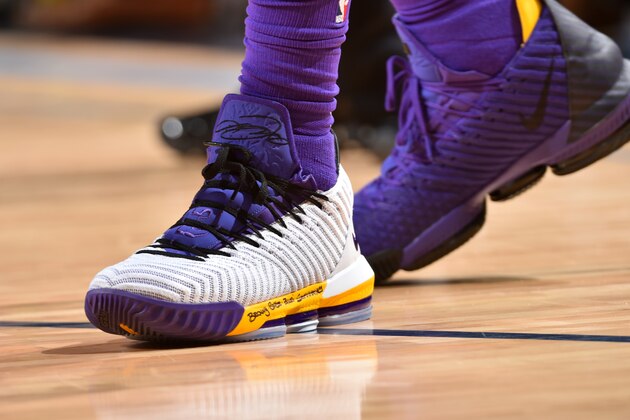 MEMPHIS, TN - FEBRUARY 25: The sneakers of LeBron James #23 of the Los Angeles Lakers during the game against the Memphis Grizzlies on February 25, 2019 at FedExForum in Memphis, Tennessee. NOTE TO USER: User expressly acknowledges and agrees that, by downloading and/or using this photograph, user is consenting to the terms and conditions of the Getty Images License Agreement. Mandatory Copyright Notice: Copyright 2019 NBAE (Photo by Jesse D. Garrabrant/NBAE via Getty Images)