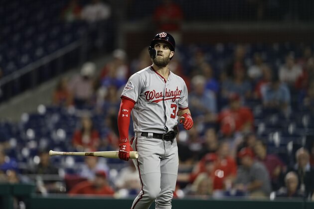 Washington Nationals' Bryce Harper in action during a baseball game against the Philadelphia Phillies, Wednesday, Sept. 12, 2018, in Philadelphia. (AP Photo/Matt Slocum)
