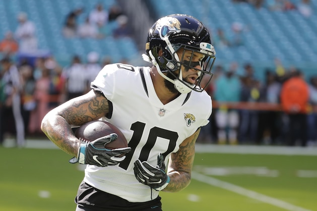 Jacksonville Jaguars wide receiver Donte Moncrief (10) warms up, before an NFL football game against the Miami Dolphins, Sunday, Dec. 23, 2018, in Miami Gardens, Fla. (AP Photo/Lynne Sladky)