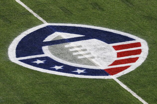 SAN ANTONIO, TEXAS - FEBRUARY 09: A detail of the Alliance of American Football logo on the field during a game between the San Diego Fleet and the San Antonio Commanders at the Alamodome on February 09, 2019 in San Antonio, Texas. (Photo by Edward A. Ornelas/AAF/Getty Images)