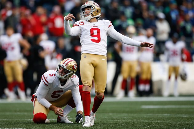 SEATTLE, WA - DECEMBER 02: Robbie Gould #9 of the San Francisco 49ers kicks an extra point in the third quarter against the Seattle Seahawks at CenturyLink Field on December 2, 2018 in Seattle, Washington. (Photo by Otto Greule Jr/Getty Images)