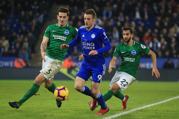 LEICESTER, ENGLAND - FEBRUARY 26:  Jamie Vardy of Leicester City in action with Lewis Dunk and Martin Montoya of Brighton and Hove Albion during the Premier League match between Leicester City and Brighton & Hove Albion at The King Power Stadium on February 26, 2019 in Leicester, United Kingdom. (Photo by Marc Atkins/Getty Images)