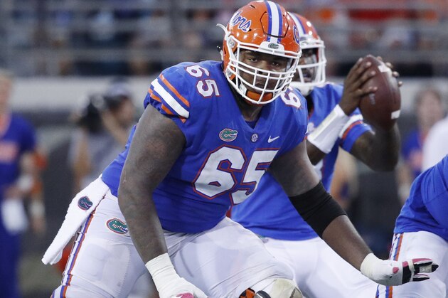 JACKSONVILLE, FL - OCTOBER 28: Jawaan Taylor #65 of the Florida Gators in action during a game against the Georgia Bulldogs at EverBank Field on October 28, 2017 in Jacksonville, Florida. Georgia defeated Florida 42-7. (Photo by Joe Robbins/Getty Images)