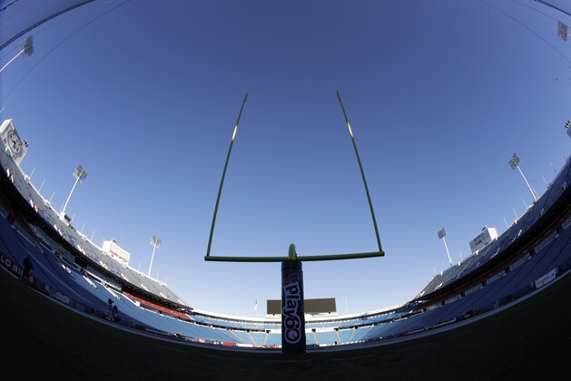 In this photo taken with a fisheye lens, goalpost and uprights are seen at New Era Field before an NFL football game between the Buffalo Bills and the Arizona Cardinals on Sunday, Sept. 25, 2016, in Orchard Park, N.Y. (AP Photo/Mike Groll)