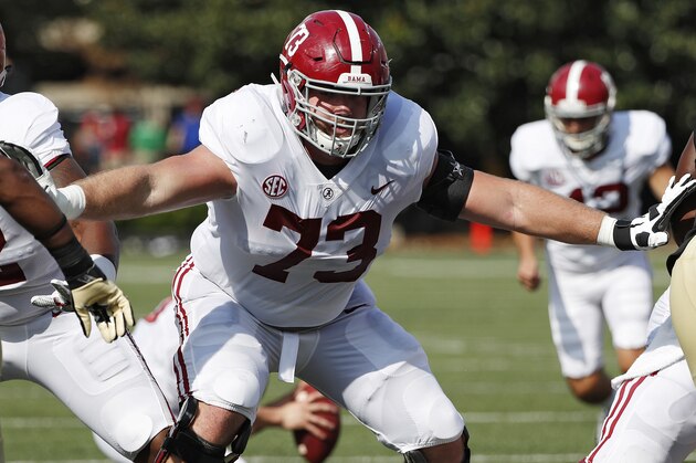 NASHVILLE, TN - SEPTEMBER 23: Jonah Williams #73 of the Alabama Crimson Tide in action during a game against the Vanderbilt Commodores at Vanderbilt Stadium on September 23, 2017 in Nashville, Tennessee. Alabama won 59-0. (Photo by Joe Robbins/Getty Images)