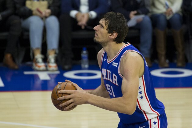 PHILADELPHIA, PA - FEBRUARY 21: Boban Marjanovic #51 of the Philadelphia 76ers attempts a foul shot against the Miami Heat at the Wells Fargo Center on February 21, 2019 in Philadelphia, Pennsylvania. The 76ers defeated the Heat 106-102. NOTE TO USER: User expressly acknowledges and agrees that, by downloading and or using this photograph, User is consenting to the terms and conditions of the Getty Images License Agreement. (Photo by Mitchell Leff/Getty Images)