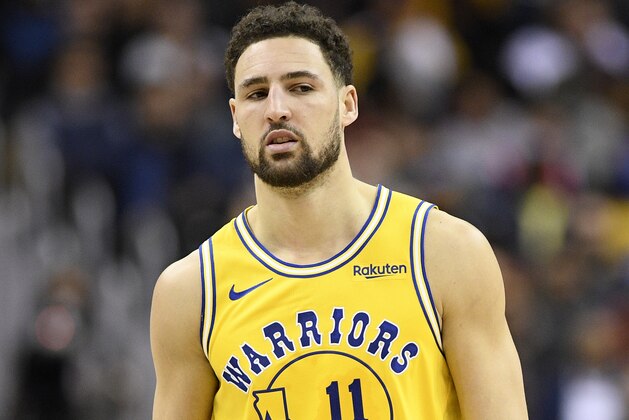 Golden State Warriors guard Klay Thompson (11) stands on the court during the first half of an NBA basketball game against the Washington Wizards, Thursday, Jan. 24, 2019, in Washington. (AP Photo/Nick Wass)