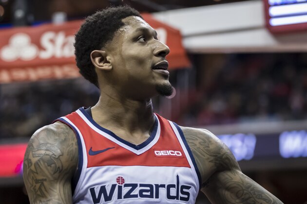 WASHINGTON, DC - FEBRUARY 23: Bradley Beal #3 of the Washington Wizards looks on against the Indiana Pacers during the second half at Capital One Arena on February 23, 2019 in Washington, DC. NOTE TO USER: User expressly acknowledges and agrees that, by downloading and or using this photograph, User is consenting to the terms and conditions of the Getty Images License Agreement. (Photo by Scott Taetsch/Getty Images)
