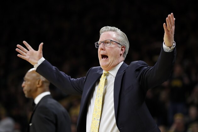 Iowa coach Fran McCaffery reacts to a call against his team during the first half of an NCAA college basketball game against Indiana, Friday, Feb. 22, 2019, in Iowa City, Iowa. (AP Photo/Charlie Neibergall)