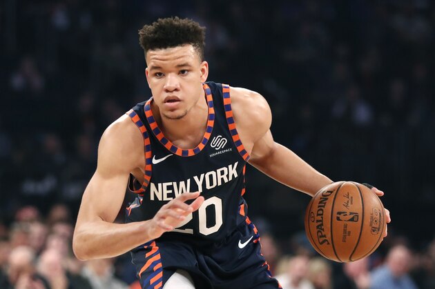 New York Knicks forward Kevin Knox (20) during the first half of an NBA basketball game in New York, Sunday, Feb. 24, 2019. (AP Photo/Kathy Willens)