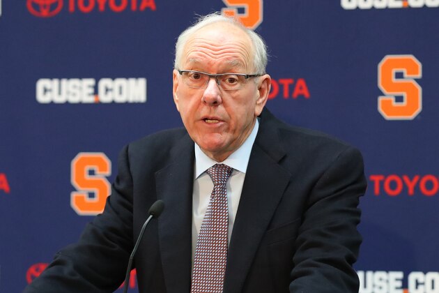 SYRACUSE, NY - FEBRUARY 23:  Head coach Jim Boeheim of the Syracuse Orange speaks with the media following the game against the Duke Blue Devils at the Carrier Dome on February 23, 2019 in Syracuse, New York. Duke defeated Syracuse 75-65. (Photo by Rich Barnes/Getty Images)
