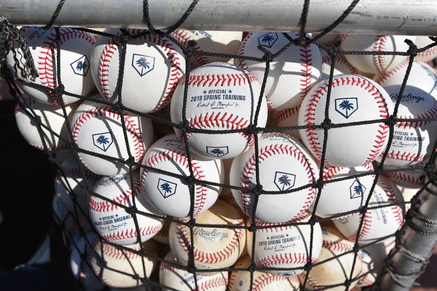 CLEARWATER, FL - FEBRUARY 25:  A detailed view of a group of official Rawlings Spring Training baseballs prior to the Spring Training game between the Detroit Tigers and the Philadelphia Phillies at Spectrum Field on February 25, 2019 in Clearwater, Florida. The Phillies defeated the Tigers 12-7.  (Photo by Mark Cunningham/MLB Photos via Getty Images)