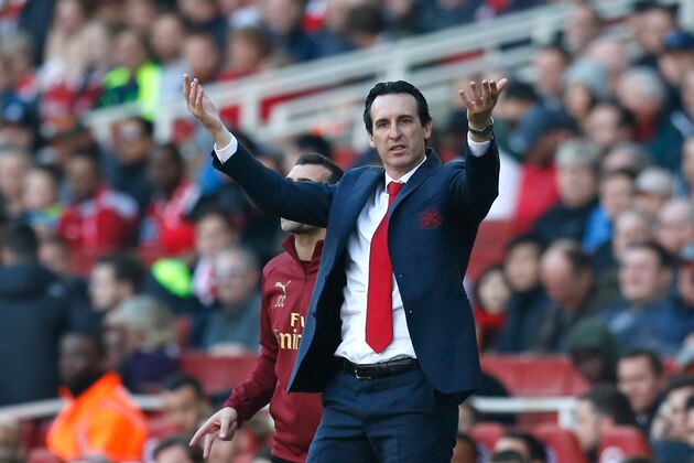 Arsenal's Spanish head coach Unai Emery gestures during the English Premier League football match between Arsenal and Southampton at the Emirates Stadium in London on February 24, 2019. (Photo by Ian KINGTON / AFP) / RESTRICTED TO EDITORIAL USE. No use with unauthorized audio, video, data, fixture lists, club/league logos or 'live' services. Online in-match use limited to 120 images. An additional 40 images may be used in extra time. No video emulation. Social media in-match use limited to 120 images. An additional 40 images may be used in extra time. No use in betting publications, games or single club/league/player publications. /         (Photo credit should read IAN KINGTON/AFP/Getty Images)