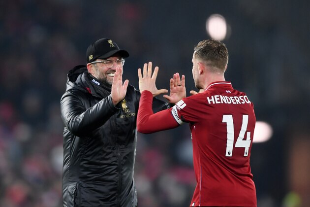 LIVERPOOL, ENGLAND - JANUARY 19:  Jurgen Klopp, Manager of Liverpool congratulates Jordan Henderson of Liverpool following the Premier League match between Liverpool FC and Crystal Palace at Anfield on January 19, 2019 in Liverpool, United Kingdom.  (Photo by Laurence Griffiths/Getty Images)