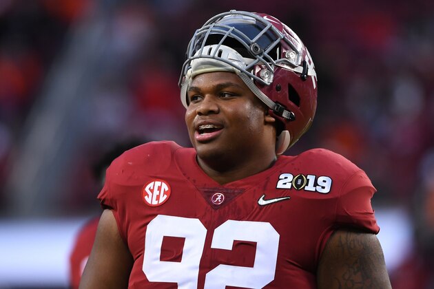 SANTA CLARA, CA - JANUARY 07: Quinnen Williams #92 of the Alabama Crimson Tide smiles before taking on the Clemson Tigers during the College Football Playoff National Championship held at Levi's Stadium on January 7, 2019 in Santa Clara, California. (Photo by Jamie Schwaberow/Getty Images)