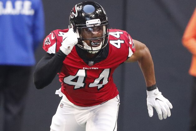 Atlanta Falcons defensive end Vic Beasley (44) works against the Tampa Bay Buccaneers during the second half of an NFL football game, Sunday, Oct. 14, 2018, in Atlanta. (AP Photo/John Bazemore)