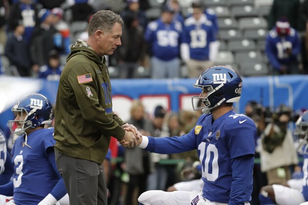 New York Giants head coach Pat Shurmur, left, greets quarterback Eli Manning before an NFL football game against the Tampa Bay Buccaneers, Sunday, Nov. 18, 2018, in East Rutherford, N.J. (AP Photo/Julio Cortez)