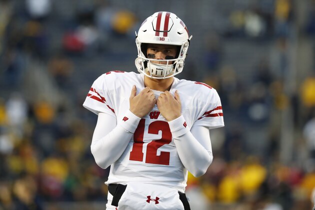 Wisconsin quarterback Alex Hornibrook watches during an NCAA college football game against Michigan in Ann Arbor, Mich., Saturday, Oct. 13, 2018. (AP Photo/Paul Sancya)