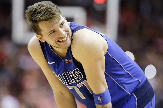 Dallas Mavericks forward Luka Doncic reacts after being called for a foul late in the second half of an NBA basketball game against the Houston Rockets, Monday, Feb. 11, 2019, in Houston. Houston won 120-104. (AP Photo/Eric Christian Smith)
