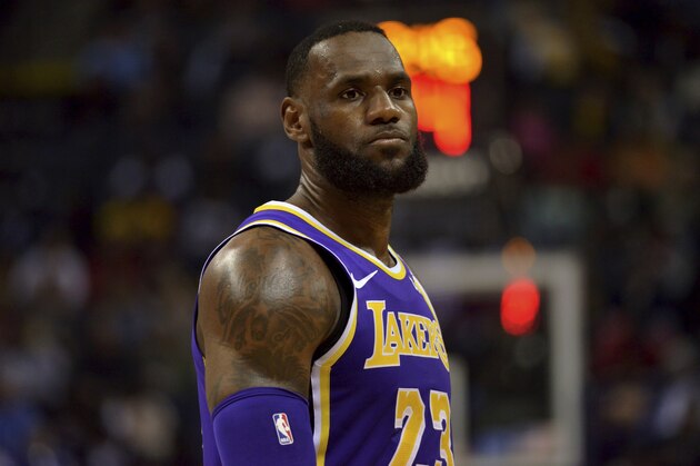 Los Angeles Lakers forward LeBron James (23) stands on the court in the first half of an NBA basketball game against the Memphis Grizzlies Monday, Feb. 25, 2019, in Memphis, Tenn. (AP Photo/Brandon Dill)