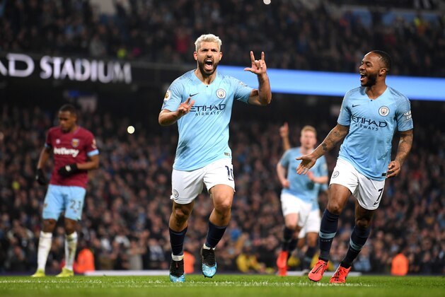 MANCHESTER, ENGLAND - FEBRUARY 27: Sergio Aguero of Manchester City celebrates after scoring his team's first goal with Raheem Sterling of Manchester City during the Premier League match between Manchester City and West Ham United at Etihad Stadium on February 27, 2019 in Manchester, United Kingdom. (Photo by Laurence Griffiths/Getty Images)