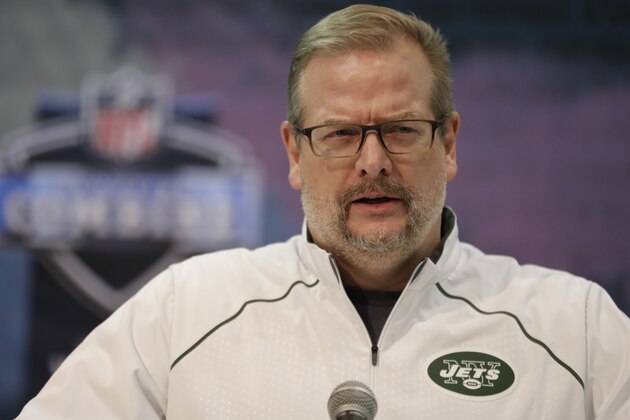 New York Jets general manager Mike Maccagnan speaks during a press conference at the NFL football scouting combine in Indianapolis, Wednesday, Feb. 27, 2019. (AP Photo/Michael Conroy)