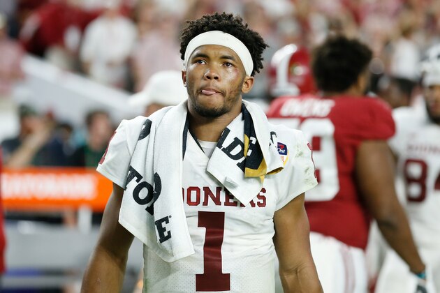 MIAMI, FL - DECEMBER 29:  Kyler Murray #1 of the Oklahoma Sooners reacts after losing to the Alabama Crimson Tide in the College Football Playoff Semifinal at the Capital One Orange Bowl at Hard Rock Stadium on December 29, 2018 in Miami, Florida.  (Photo by Michael Reaves/Getty Images)