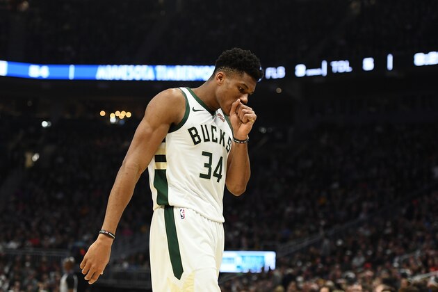 MILWAUKEE, WISCONSIN - FEBRUARY 23:  Giannis Antetokounmpo #34 of the Milwaukee Bucks walks backcourt during a game against the Minnesota Timberwolves at Fiserv Forum on February 23, 2019 in Milwaukee, Wisconsin. NOTE TO USER: User expressly acknowledges and agrees that, by downloading and or using this photograph, User is consenting to the terms and conditions of the Getty Images License Agreement. (Photo by Stacy Revere/Getty Images)