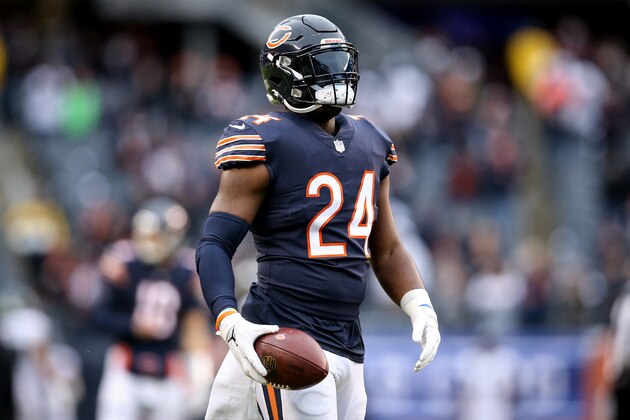 CHICAGO, ILLINOIS - JANUARY 06:  Jordan Howard #24 of the Chicago Bears warms up before the NFC Wild Card Playoff game against the Philadelphia Eagles  at Soldier Field on January 06, 2019 in Chicago, Illinois. (Photo by Dylan Buell/Getty Images)