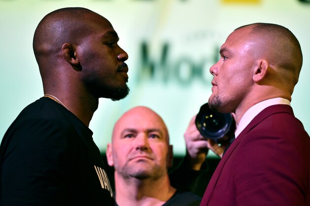 LAS VEGAS, NEVADA - JANUARY 31:  (L-R) Opponents Jon Jones and Anthony Smith face off during the UFC 235 Press Conference inside the David Copperfield Theater at MGM Grand on January 31, 2019 in Las Vegas, Nevada. (Photo by Chris Unger/Zuffa LLC/Zuffa LLC via Getty Images)