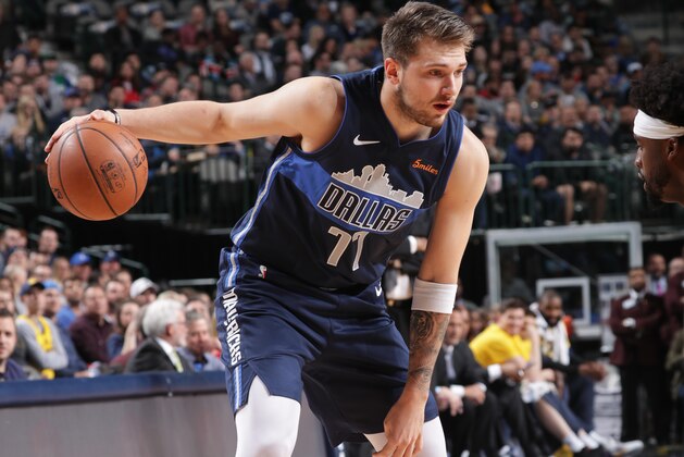 DALLAS, TX - FEBRUARY 27: Luka Doncic #77 of the Dallas Mavericks handles the ball against the Indiana Pacers on February 27, 2019 at the American Airlines Center in Dallas, Texas. NOTE TO USER: User expressly acknowledges and agrees that, by downloading and or using this photograph, User is consenting to the terms and conditions of the Getty Images License Agreement. Mandatory Copyright Notice: Copyright 2019 NBAE (Photo by Glenn James/NBAE via Getty Images)