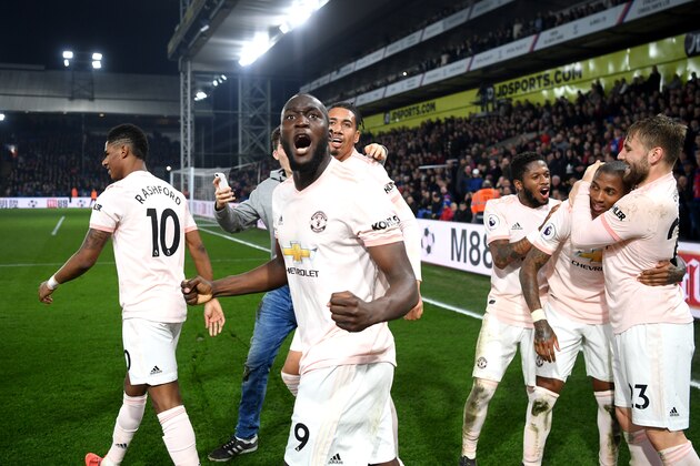 LONDON, ENGLAND - FEBRUARY 27: Romelu Lukaku of Manchester United celebrates after his team's third goal scored by Ashley Young of Manchester United (2R) during the Premier League match between Crystal Palace and Manchester United at Selhurst Park on February 27, 2019 in London, United Kingdom. (Photo by Mike Hewitt/Getty Images)