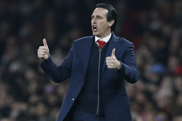 Arsenal's Spanish head coach Unai Emery reacts during the English Premier League football match between Arsenal and Bournemouth at the Emirates Stadium in London on February 27, 2019. (Photo by Ian KINGTON / AFP) / RESTRICTED TO EDITORIAL USE. No use with unauthorized audio, video, data, fixture lists, club/league logos or 'live' services. Online in-match use limited to 120 images. An additional 40 images may be used in extra time. No video emulation. Social media in-match use limited to 120 images. An additional 40 images may be used in extra time. No use in betting publications, games or single club/league/player publications. /         (Photo credit should read IAN KINGTON/AFP/Getty Images)