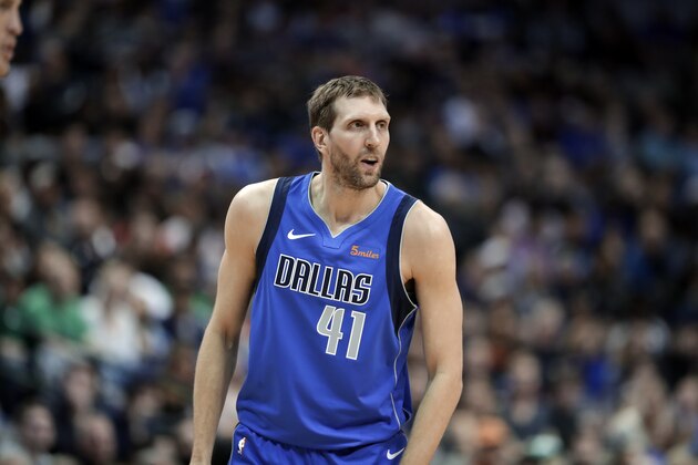 Dallas Mavericks forward Dirk Nowitzki (41) waits on a pass during an NBA basketball game against the Denver Nuggets in Dallas, Friday, Feb. 22, 2019. (AP Photo/Tony Gutierrez)