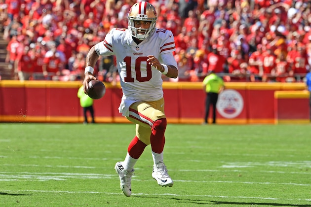 KANSAS CITY, MO - SEPTEMBER 23: Quarterback Jimmy Garoppolo #10 of the San Francisco 49ers runs up field during the second half against the Kansas City Chiefs on September 23, 2018 at Arrowhead Stadium in Kansas City, Missouri. (Photo by Peter G. Aiken/Getty Images) KANSAS CITY, MO - SEPTEMBER 23: Quarterback Jimmy Garoppolo #10 of the San Francisco 49ers runs up field during the second half against the Kansas City Chiefs on September 23, 2018 at Arrowhead Stadium in Kansas City, Missouri. (Photo by Peter G. Aiken/Getty Images)