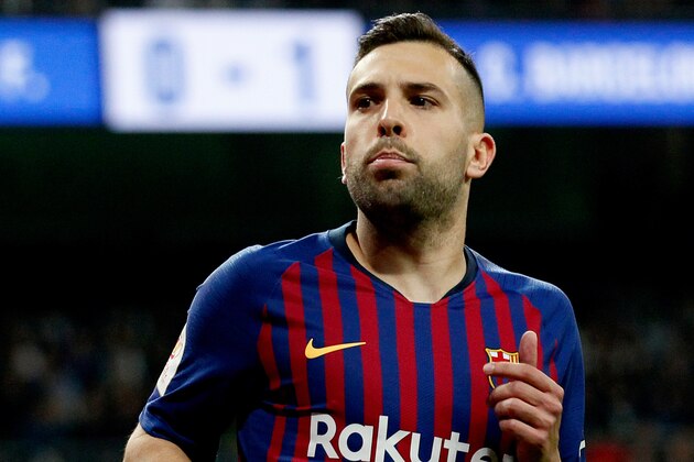 MADRID, SPAIN - FEBRUARY 27: Jordi Alba of FC Barcelona celebrates goal during the Spanish Copa del Rey  match between Real Madrid v FC Barcelona at the Santiago Bernabeu on February 27, 2019 in Madrid Spain (Photo by David S. Bustamante/Soccrates/Getty Images)
