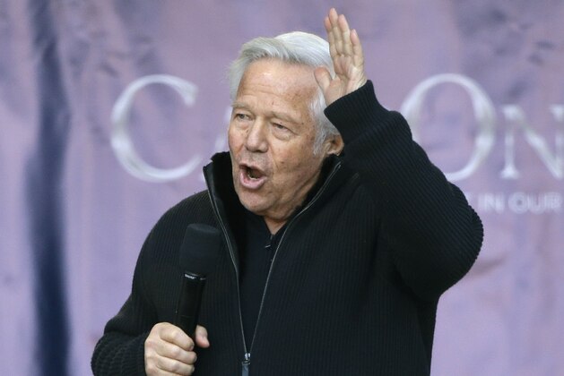 New England Patriots owner Robert Kraft addresses the crowd during an NFL football Super Bowl send-off rally for the team, Sunday, Jan. 27, 2019, in Foxborough, Mass. The Los Angeles Rams are to play the Patriots in Super Bowl 53 on Feb. 3, in Atlanta, Ga. (AP Photo/Steven Senne)