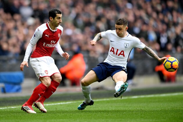 LONDON, ENGLAND - FEBRUARY 10: Henrikh Mkhitaryan of Arsenal is challenged by Kieran Trippier of Tottenham Hotspur during the Premier League match between Tottenham Hotspur and Arsenal at Wembley Stadium on February 10, 2018 in London, England.  (Photo by Laurence Griffiths/Getty Images)