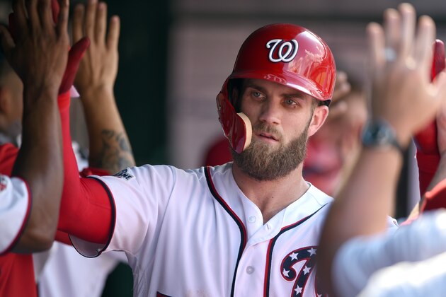 WASHINGTON, DC - SEPTEMBER 03:  Bryce Harper #34 of the Washington Nationals celebrates his two-run home run in the ninth inning that tied the game against the St Louis Cardinals at Nationals Park on September 3, 2018 in Washington, DC.  (Photo by Mitchell Layton/Getty Images)