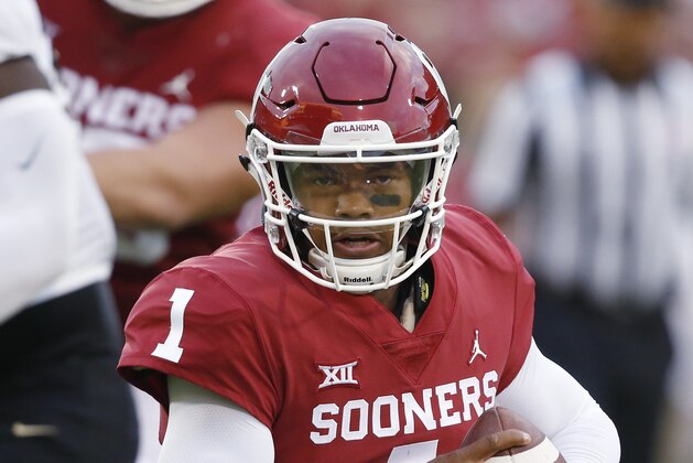 Oklahoma quarterback Kyler Murray (1) during an NCAA college football game between Army and Oklahoma in Norman, Okla., Saturday, Sept. 22, 2018. (AP Photo/Sue Ogrocki)