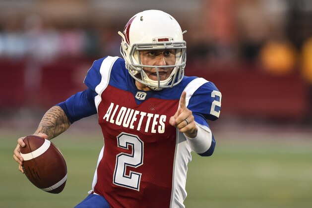 MONTREAL, QC - AUGUST 03:  Quarterback Johnny Manziel #2 of the Montreal Alouettes runs with the ball against the Hamilton Tiger-Cats during the CFL game at Percival Molson Stadium on August 3, 2018 in Montreal, Quebec, Canada.  The Hamilton Tiger-Cats defeated the Montreal Alouettes 50-11.  (Photo by Minas Panagiotakis/Getty Images)
