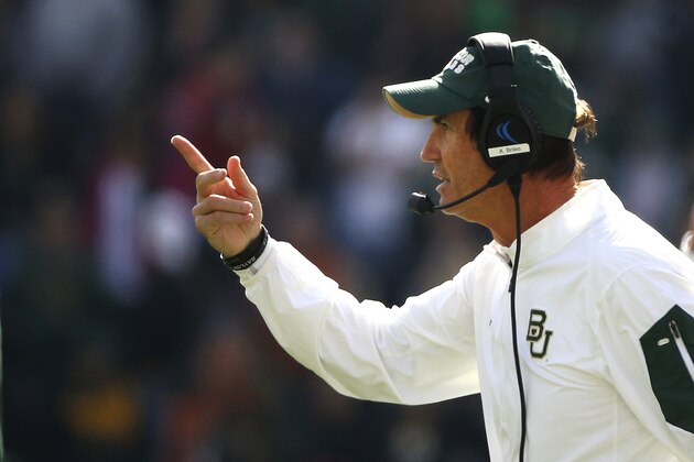 WACO, TX - DECEMBER 5: Head coach Art Briles talks to his players from the sideline against the Texas Longhorns at McLane Stadium on December 5, 2015 in Waco, Texas. (Photo by Ron Jenkins/Getty Images)